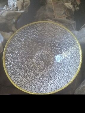 Textured Clear Glass Serving Bowl with Yellow Rim